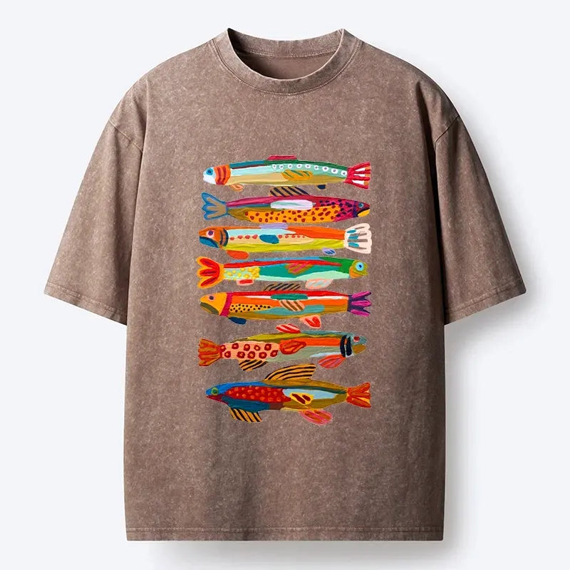 Kyoto-Lion Colorful Fish Folk Art Print Washed T-Shirt