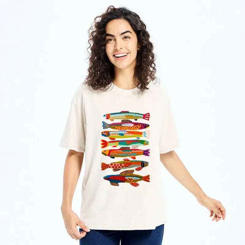 Kyoto-Lion Colorful Fish Folk Art Print Washed T-Shirt