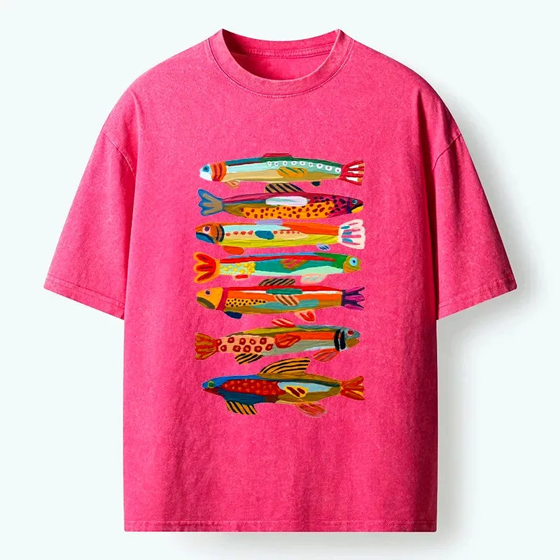 Kyoto-Lion Colorful Fish Folk Art Print Washed T-Shirt