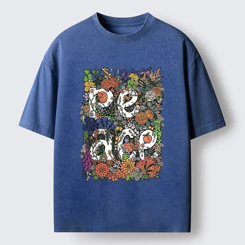 Kyoto-Lion Peace In Flowers Washed T-Shirt