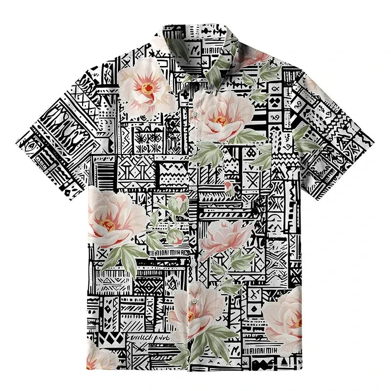 Kyoto-Lion Flowers In Line Art Button-up Shirt