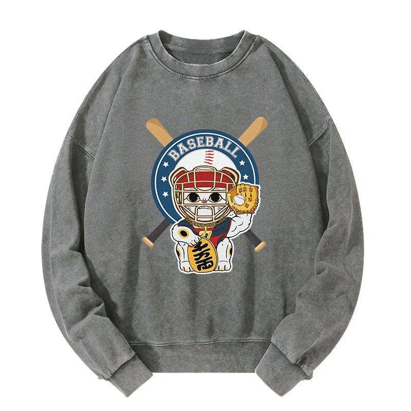 japanese baseball cat washed sweatshirt on sale