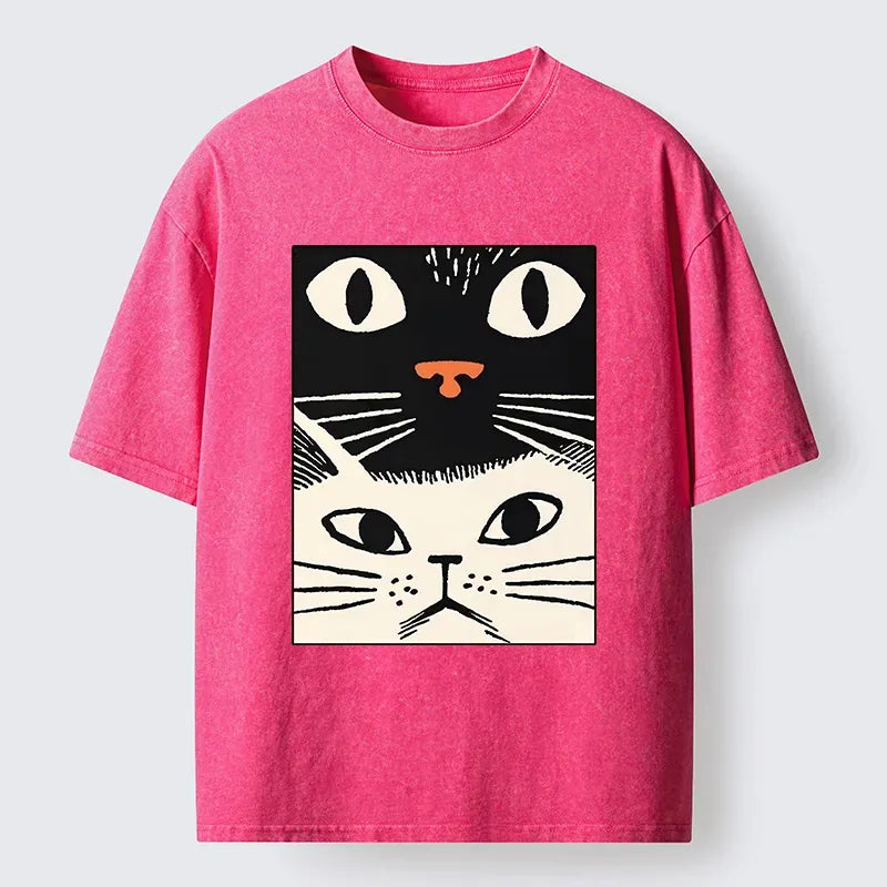 Kyoto-Lion Black Cat And White Cat Washed T-Shirt
