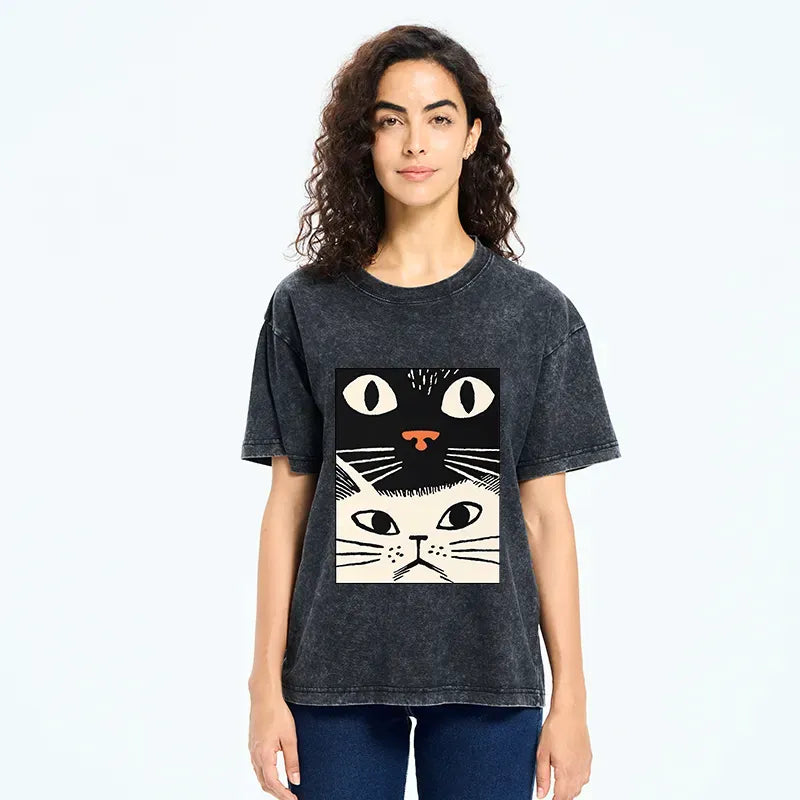 Black Cat Washed T-Shirt for Everyday Wear