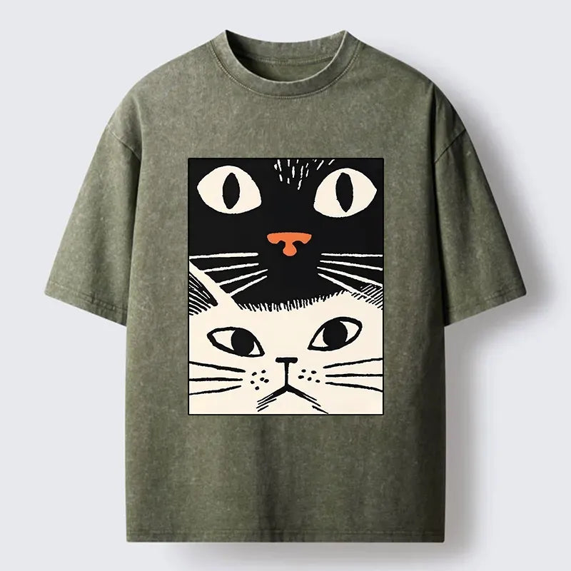 Kyoto-Lion Black Cat And White Cat Washed T-Shirt