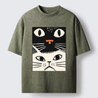 Kyoto-Lion Black Cat And White Cat Washed T-Shirt