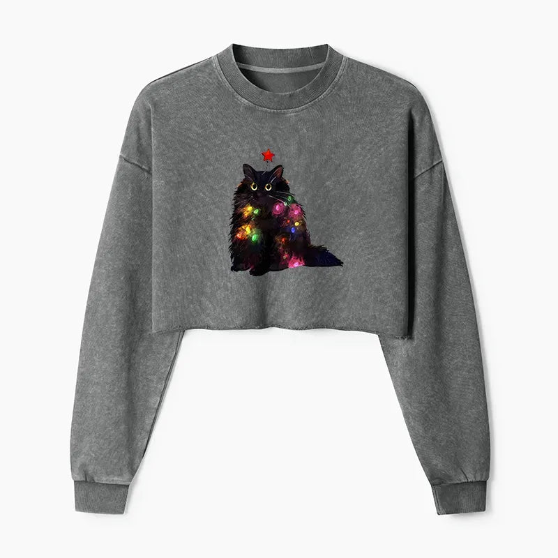 Kyoto-Lion Christmas Lights Cat Washed Crop Sweatshirt