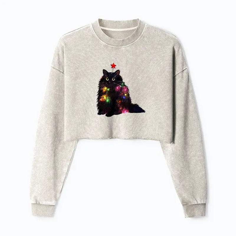 Kyoto-Lion Christmas Lights Cat Washed Crop Sweatshirt