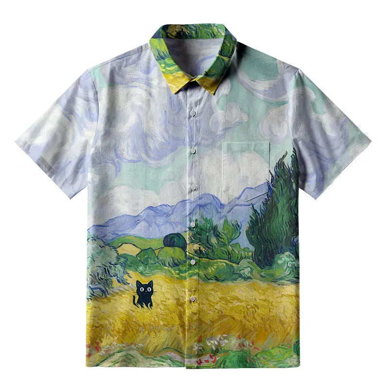 Kyoto-Lion Black Cat In The Wheat Field Button-up Shirt