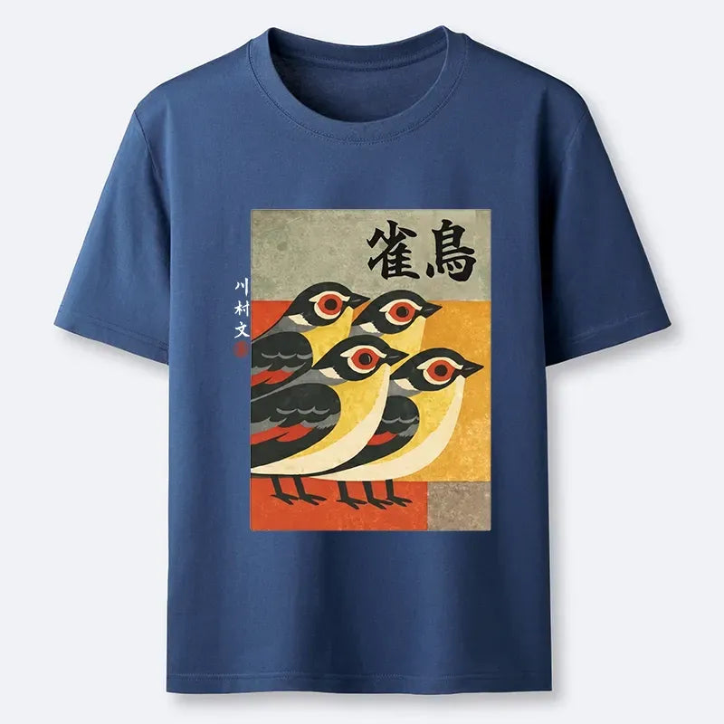 Kyoto-Lion Cute Sparrows In Retro Japanese Print Classic T-Shirt