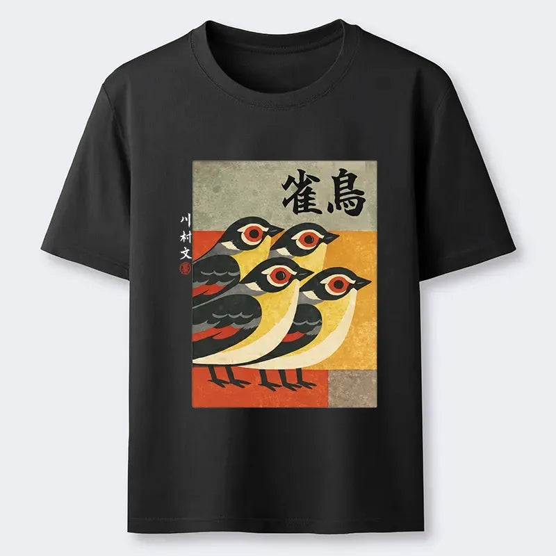 Cute Sparrows Ukiyo-e Tee for Streetwear