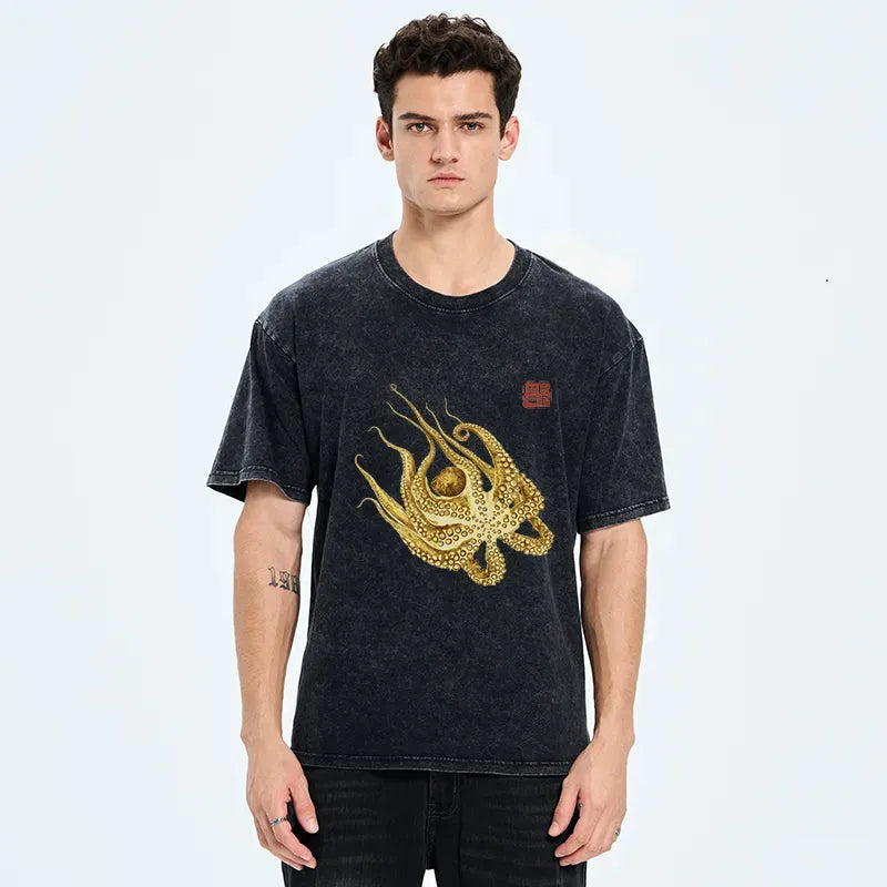 Kyoto-Lion Golden Octopus Washed T-Shirt