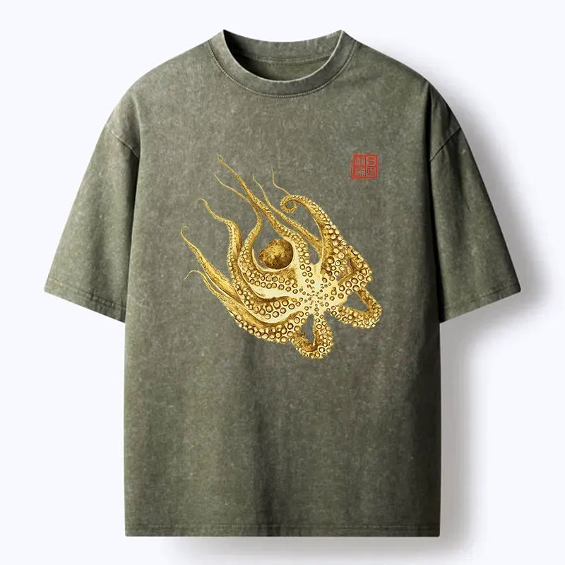 Golden Octopus Washed T-Shirt for Summer