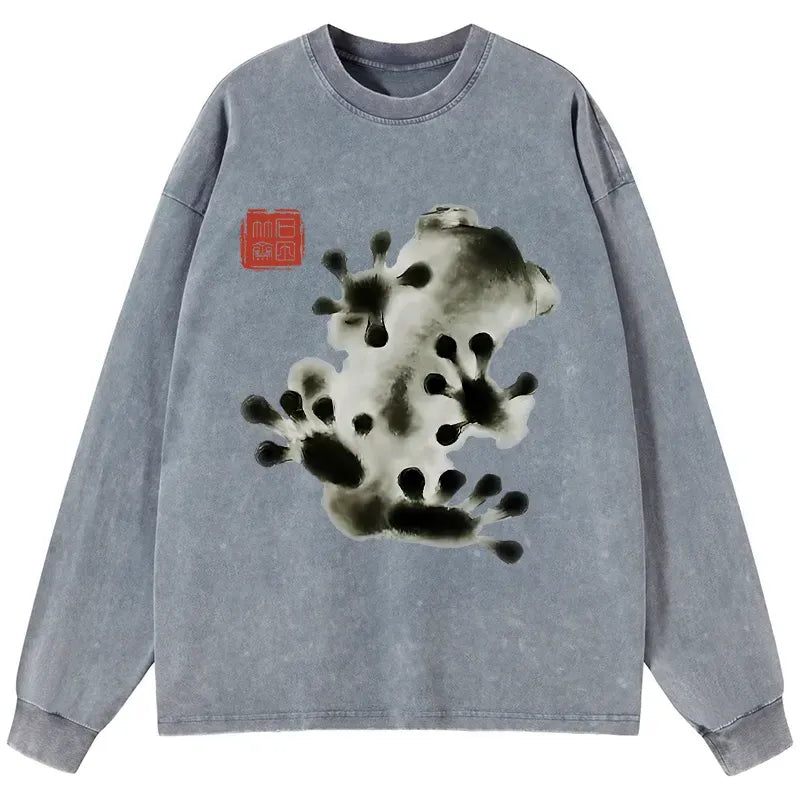 Kyoto-Lion Ink Painting Frog Washed Long Sleeve T-Shirt