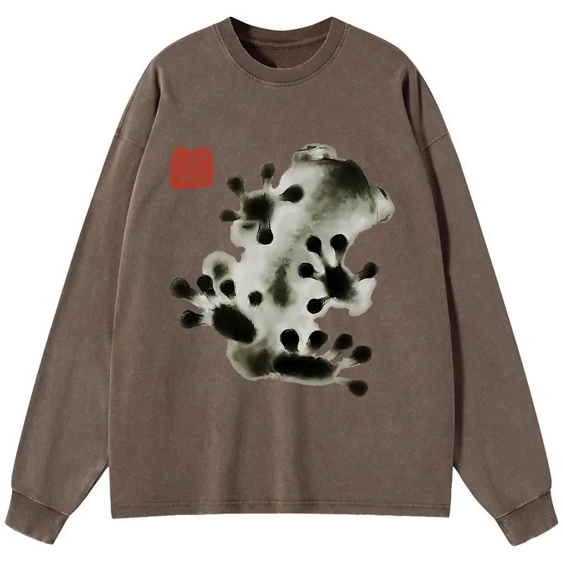 Kyoto-Lion Ink Painting Frog Washed Long Sleeve T-Shirt