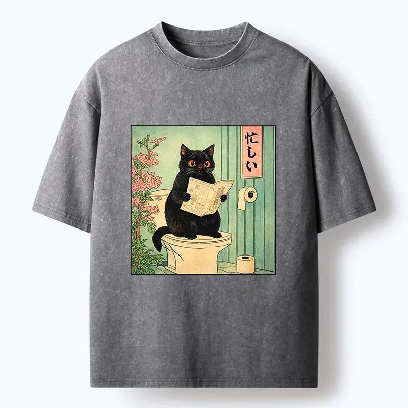 Busy Black Cat Washed T-Shirt for Everyday