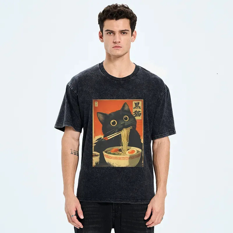 Black Cat Ramen Retro T-Shirt for Streetwear