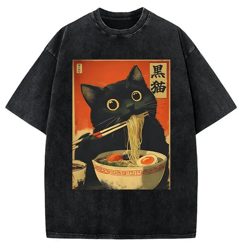 Retro Washed Black Cat Tee for Casual Wear