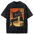 Retro Washed Black Cat Tee for Casual Wear