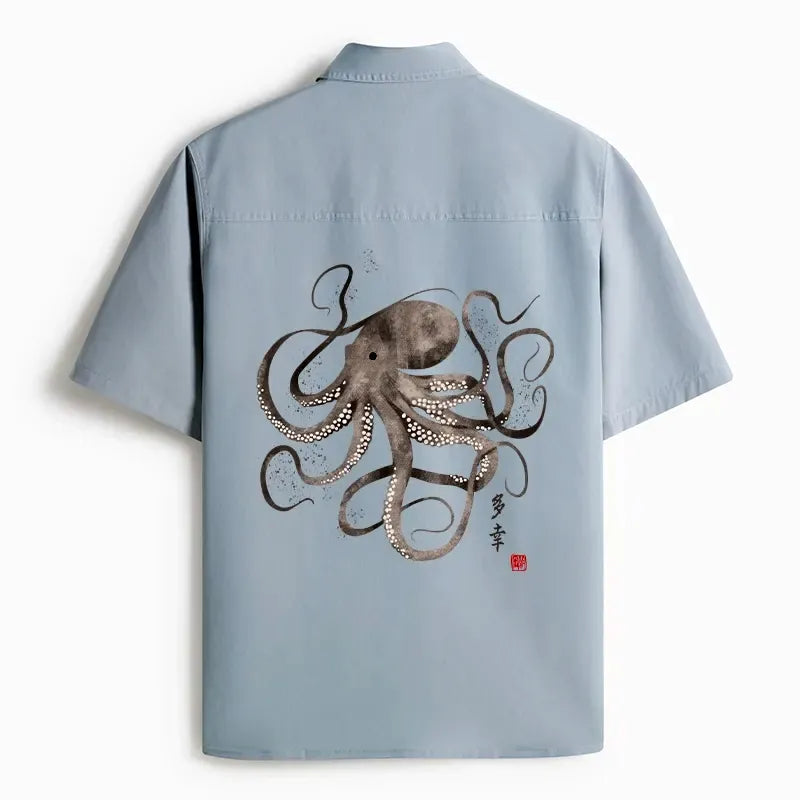 Kyoto-Lion Octopus Japanese Calligraphy Work Shirt