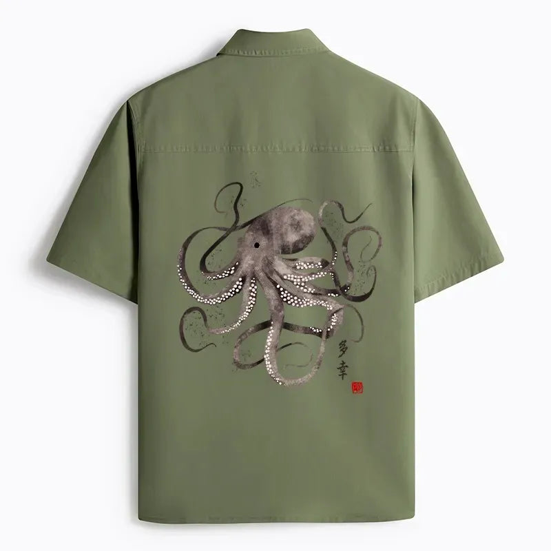Kyoto-Lion Octopus Japanese Calligraphy Work Shirt