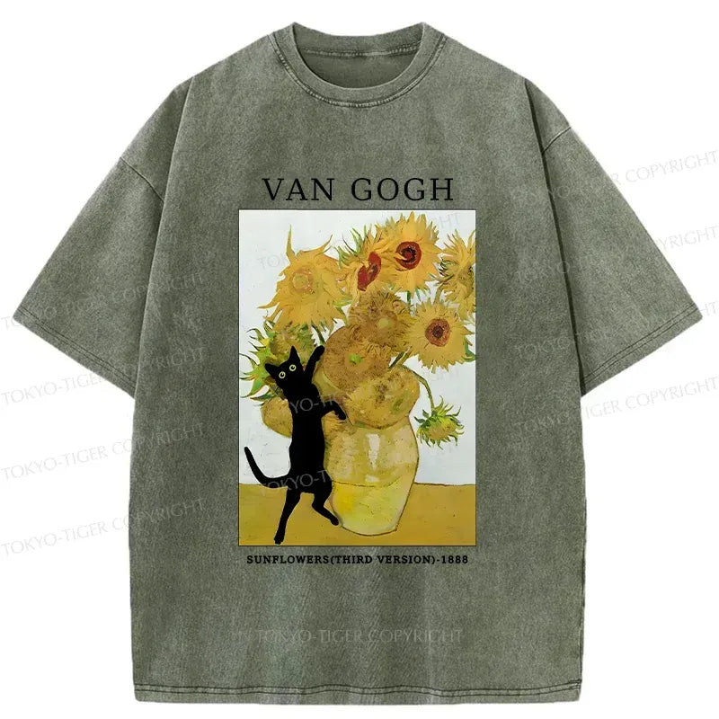 Kyoto-Lion Cat Plays With Sunflowers Washed T-Shirt