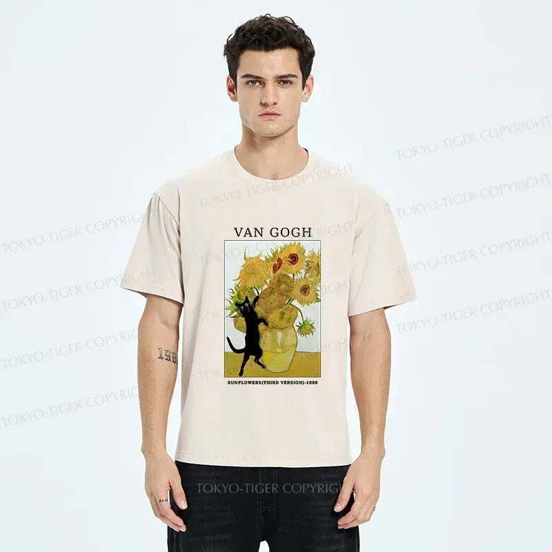 Kyoto-Lion Cat Plays With Sunflowers Washed T-Shirt