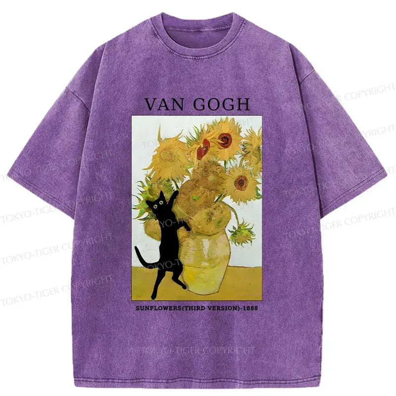 Kyoto-Lion Cat Plays With Sunflowers Washed T-Shirt