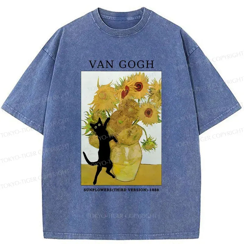 Kyoto-Lion Cat Plays With Sunflowers Washed T-Shirt