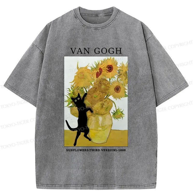 Kyoto-Lion Cat Plays With Sunflowers Washed T-Shirt