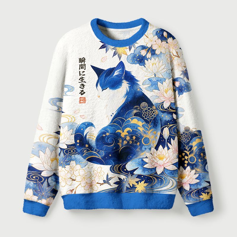Kyoto-Lion Retro Zen Cat: Living the Present Fuzzy Christmas Ugly Sweatshirt