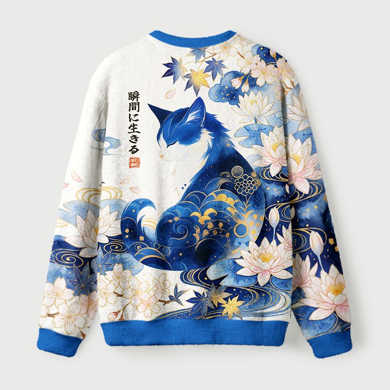 Kyoto-Lion Retro Zen Cat: Living the Present Fuzzy Christmas Ugly Sweatshirt