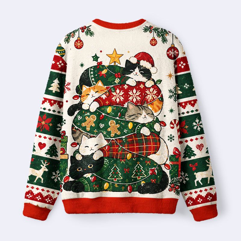 Kyoto-Lion Stacked Christmas Cats Fuzzy Christmas Ugly Sweatshirt