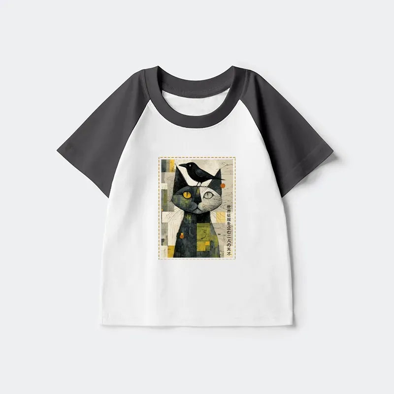 Cat and crow design kids tee for vacation
