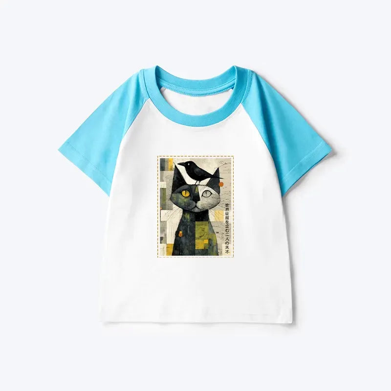 Cat and crow design kids tee for vacation