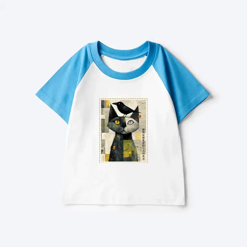 Cat and crow design kids tee for vacation