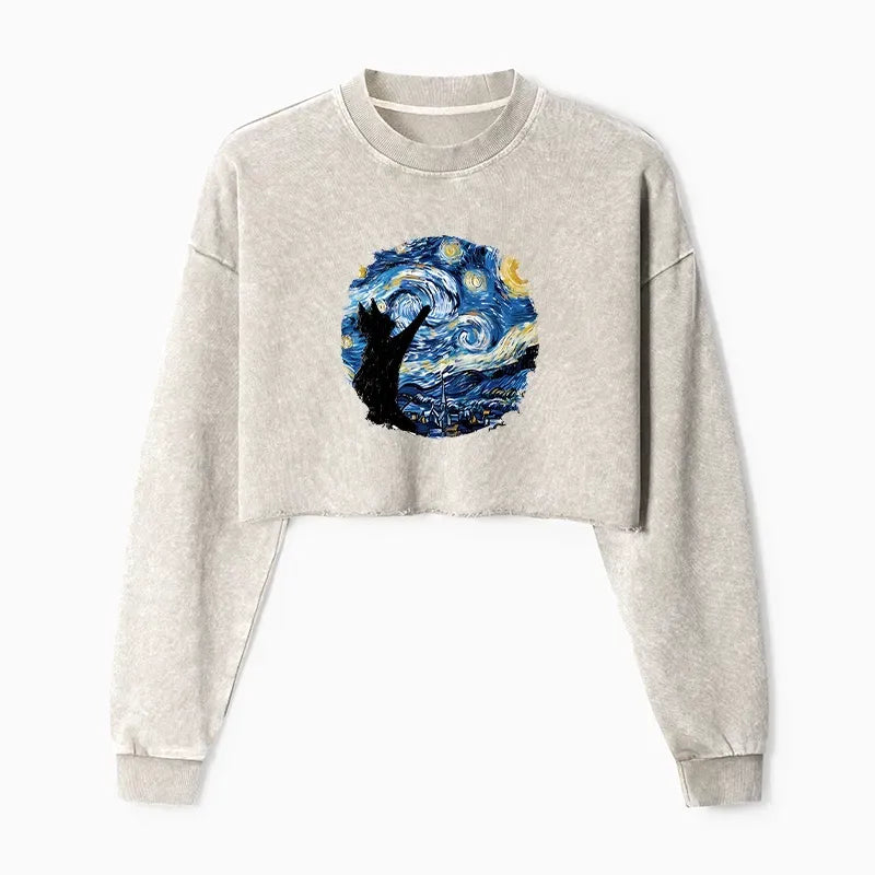 Kyoto-Lion Starry Night Black Cat Washed Crop Sweatshirt