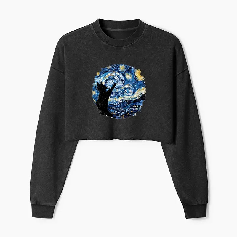 Kyoto-Lion Starry Night Black Cat Washed Crop Sweatshirt