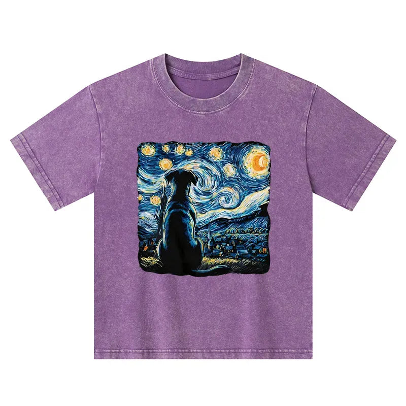 Kyoto-Lion Starry Night Dog Kids Washed T-Shirt