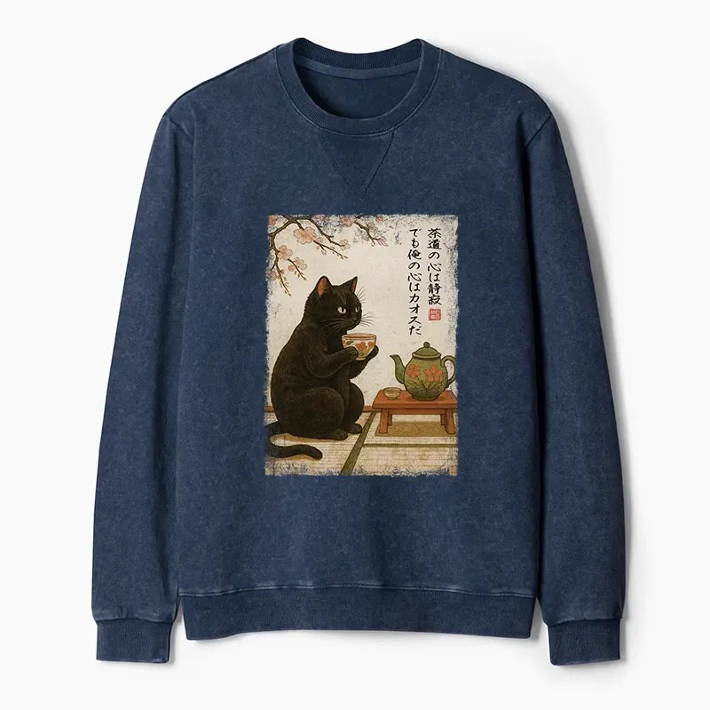 Kyoto-Lion Tea Time With A Black Cat Washed Terry Sweatshirt