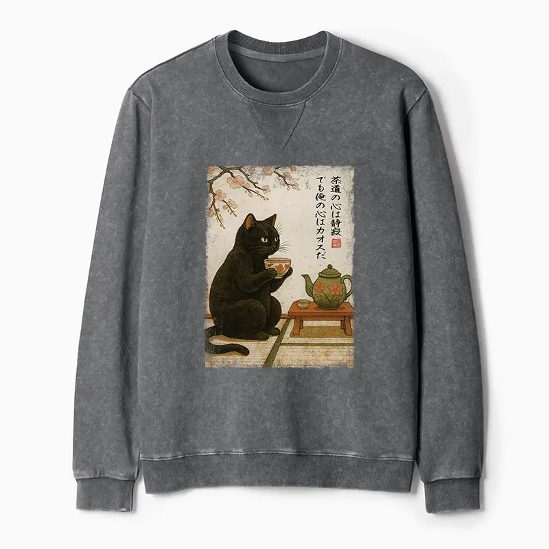 Washed Terry Sweatshirt with Black Cat on Sale