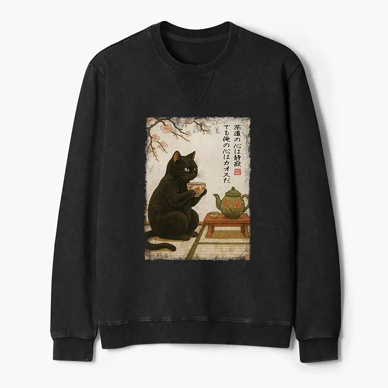 Kyoto-Lion Tea Time With A Black Cat Washed Terry Sweatshirt