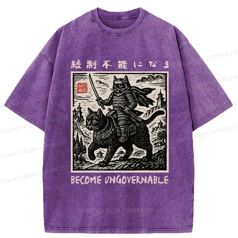 Kyoto-Lion Funny Cat Samurai Riding A Cat Washed T-Shirt