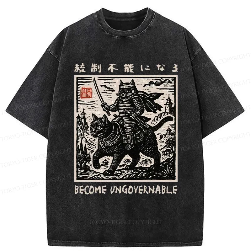 Kyoto-Lion Funny Cat Samurai Riding A Cat Washed T-Shirt