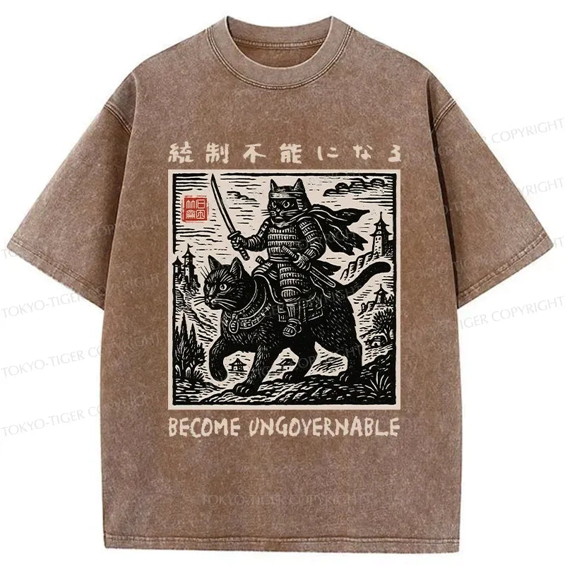 Kyoto-Lion Funny Cat Samurai Riding A Cat Washed T-Shirt