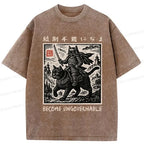 Kyoto-Lion Funny Cat Samurai Riding A Cat Washed T-Shirt