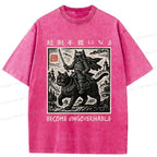 Kyoto-Lion Funny Cat Samurai Riding A Cat Washed T-Shirt