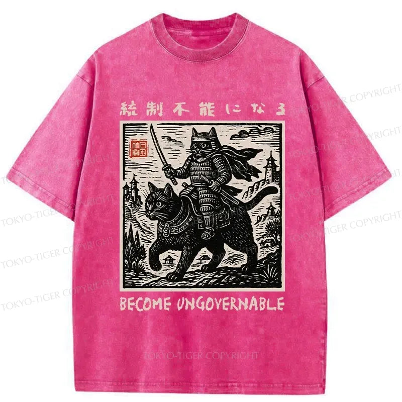 Kyoto-Lion Funny Cat Samurai Riding A Cat Washed T-Shirt
