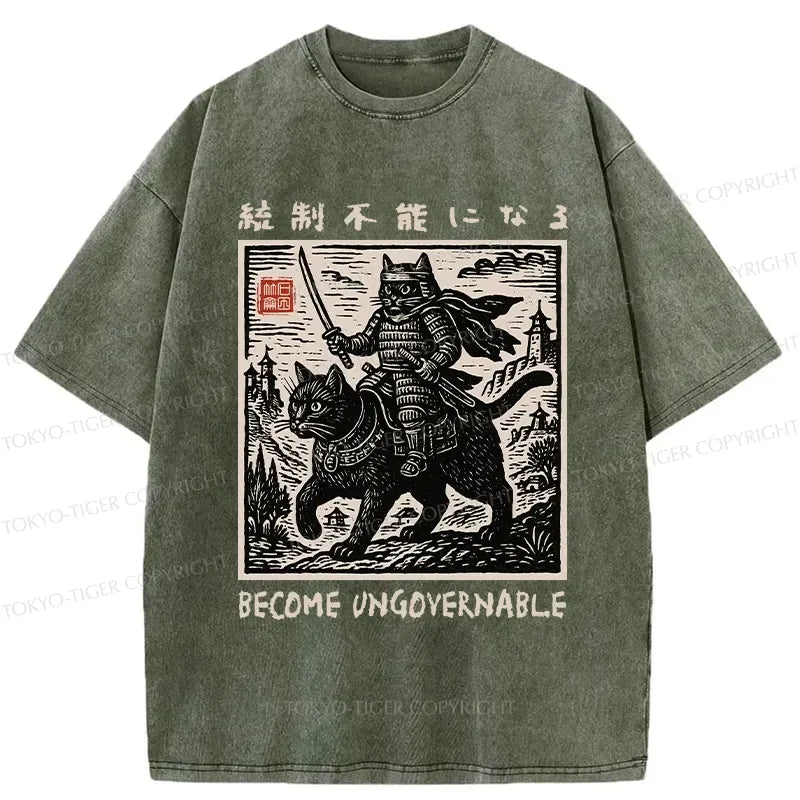 Kyoto-Lion Funny Cat Samurai Riding A Cat Washed T-Shirt