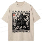 Kyoto-Lion Funny Cat Samurai Riding A Cat Washed T-Shirt